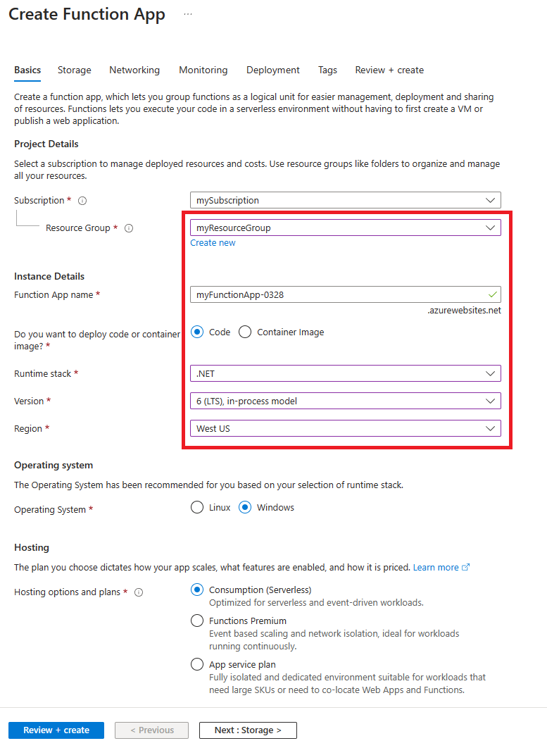 Captura de pantalla que muestra la página Crear aplicación de funciones en Azure Portal.