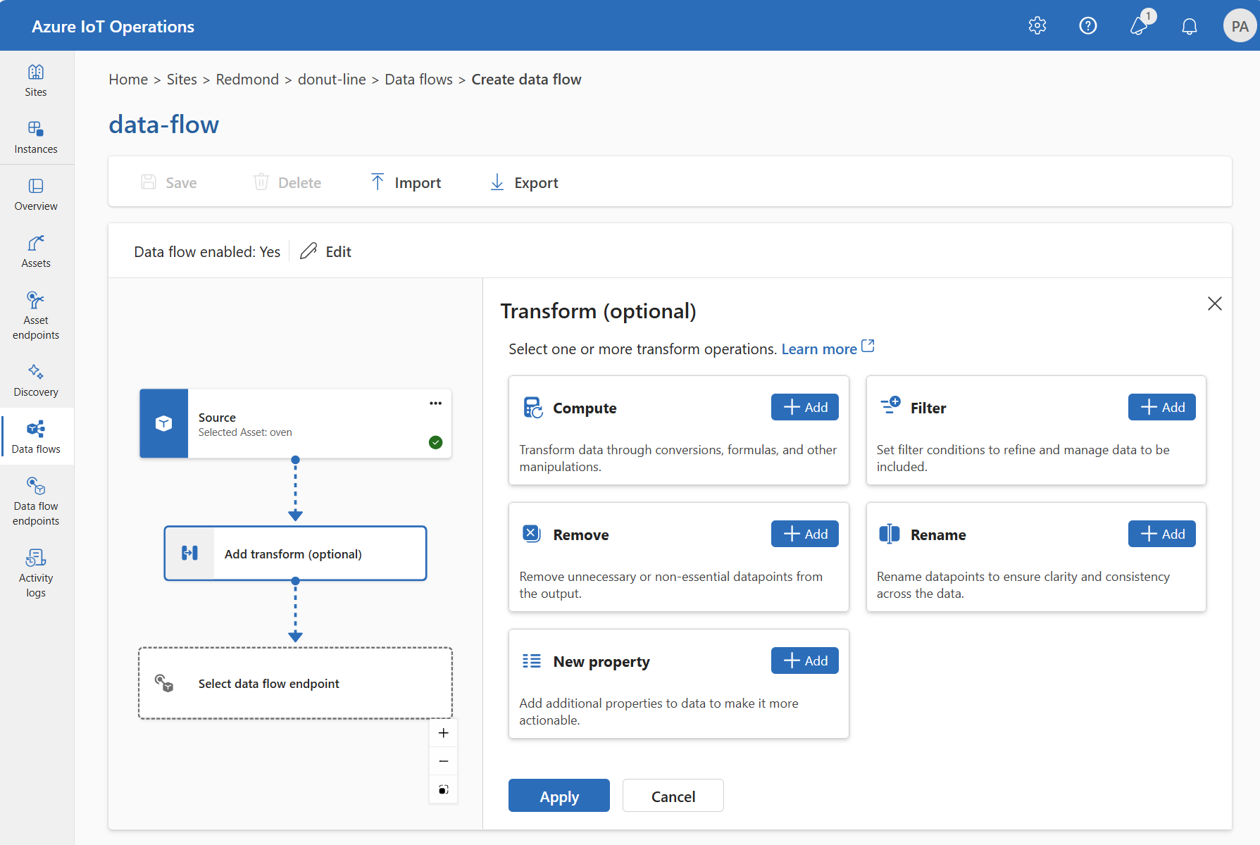 Captura de pantalla de la interfaz de experiencia de operaciones que muestra la adición de una fase de transformación a un data flow.