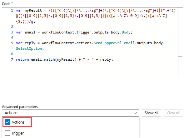 Captura de pantalla que muestra la acción Ejecutar código JavaScript con el parámetro Actions seleccionado.