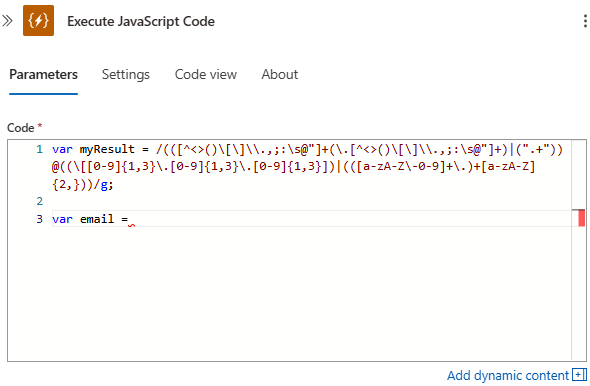 Captura de pantalla que muestra el flujo de trabajo Consumo, la acción Ejecutar código JavaScript y el código de ejemplo que crea variables.