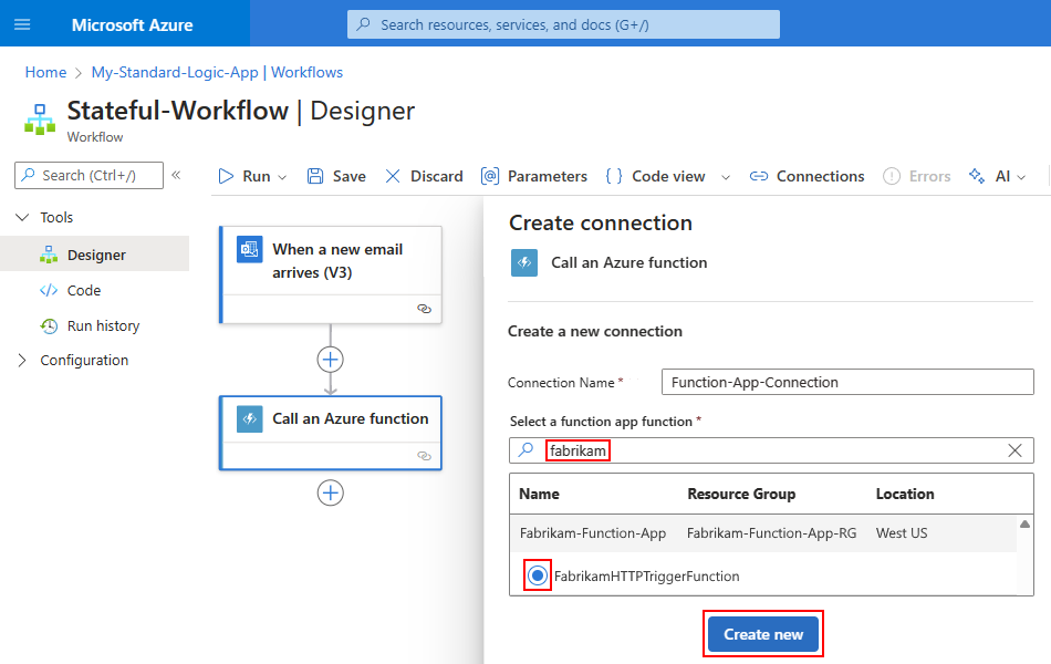 Captura de pantalla que muestra el diseñador de flujo de trabajo estándar con la aplicación de funciones y la función seleccionadas.