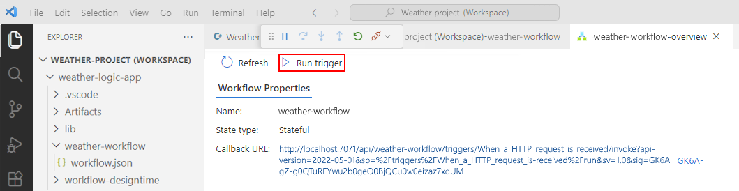 La captura de pantalla muestra Visual Studio Code y la página de Información general abierta del workflow.