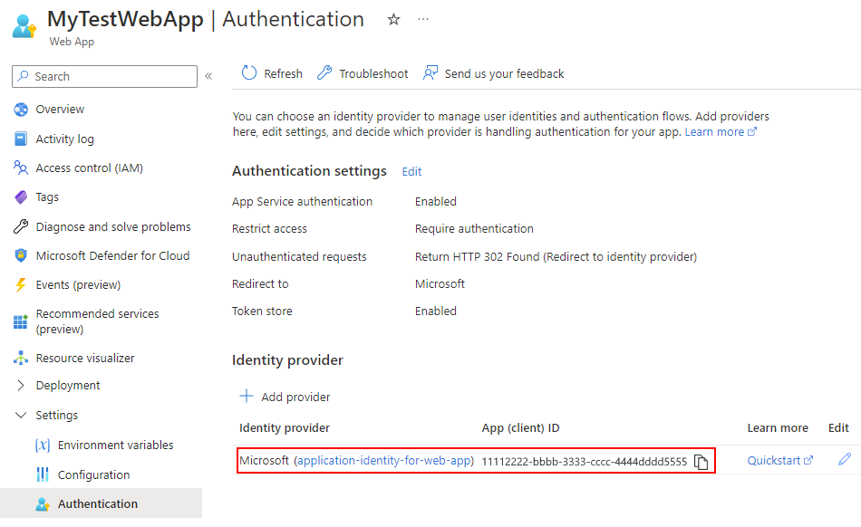 Captura de pantalla que muestra la identidad de aplicación recién creada para la aplicación web o la aplicación de API.