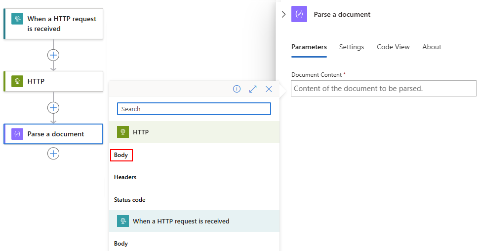 Captura de pantalla que muestra el diseñador de flujos de trabajo, que tiene una acción denominada Analizar un documento con la lista de contenido dinámico abierta y la salida cuerpo seleccionada de la acción HTTP.