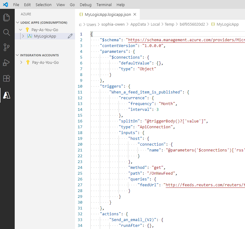 Captura de pantalla que muestra Visual Studio Code y el archivo de definición de flujo de trabajo de aplicación lógica abierto.