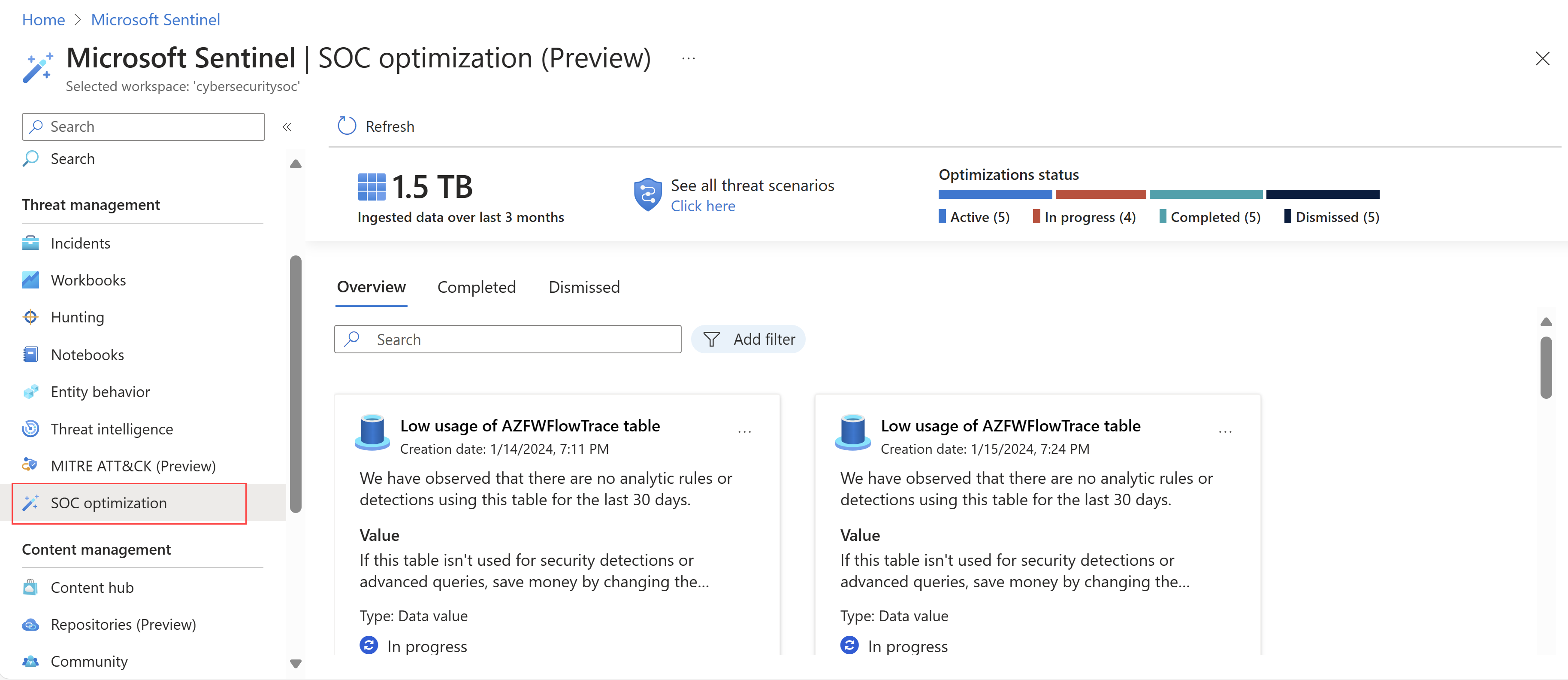 Captura de pantalla de la página de optimización de SOC en el Azure Portal.