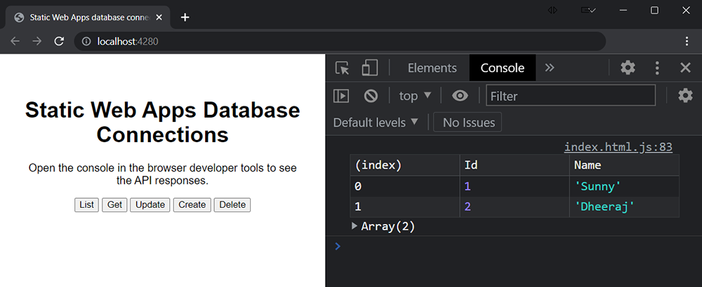 Explorador web que muestra los resultados de Cosmos&nbsp;DB en la ventana de la consola de las herramientas para desarrolladores.