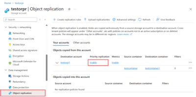 Captura de pantalla que muestra cómo buscar la opción Habilitar replicación prioritaria para las reglas de replicación existentes.