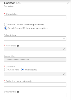 Captura de pantalla que muestra los campos de información de un flujo de salida de Azure&nbsp;Cosmos&nbsp;DB.