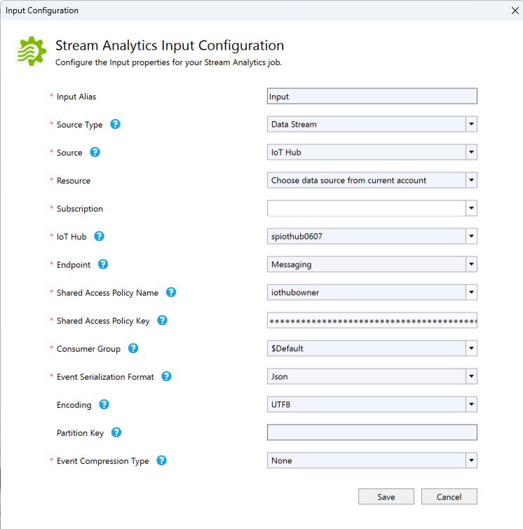 Captura de pantalla que muestra la página Configuración de entrada de Stream Analytics.