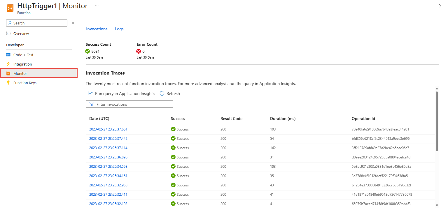 Captura de pantalla que muestra la página Monitor para Azure Functions con invocaciones de funciones.