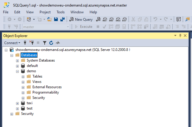 Recorte de pantalla que muestra la ventana Explorador de objetos para el grupo de SQL sin servidor.