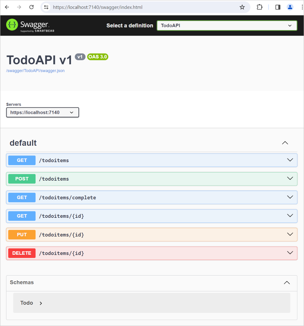 Página de pruebas de API generadas por Swagger
