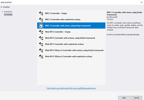 Captura de pantalla que muestra el cuadro de diálogo Agregar Scaffold. Se selecciona el Controlador MVC 5 con vistas utilizando el Entity Framework.