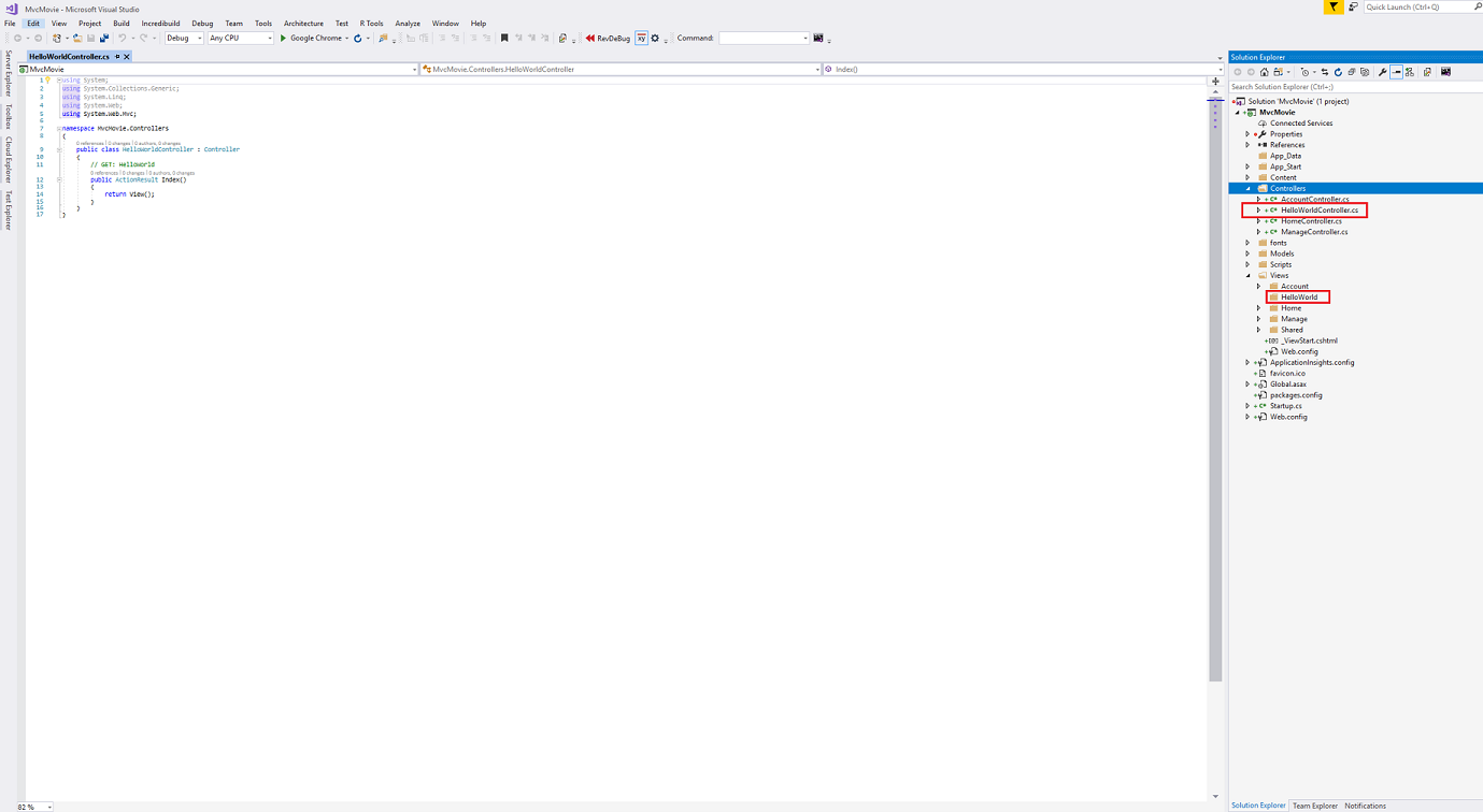Captura de pantalla que muestra la pestaña Hello World Controller dot c s abierta. En el Explorador de soluciones, la subcarpeta Hello World Controller dot c s y la subcarpeta Hello World están círculos en rojo.