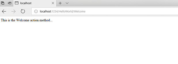 Captura de pantalla que muestra la pestaña host local con el texto Este es el método de acción de bienvenida en la ventana.