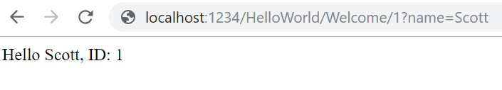 Captura de pantalla que muestra una ventana del navegador con la URL localhost:1234/Hello World/Welcome/1?name=Scott. El texto de la ventana es Hola Scott ID 1.
