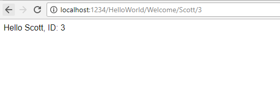 Captura de pantalla que muestra una ventana del navegador con la URL host local dos puntos 1 2 3 4 barra diagonal Hola Mundo barra diagonal Bienvenido barra diagonal Scott barra diagonal 3. El texto de la ventana es Hola Scott ID 3.