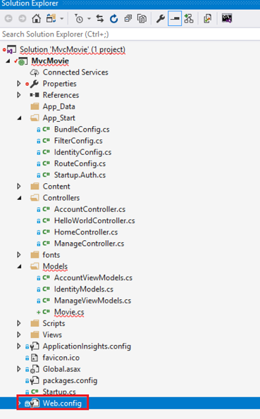 Captura de pantalla que muestra la ventana del Explorador de soluciones y Web.config está seleccionada y rodeada por un círculo rojo.