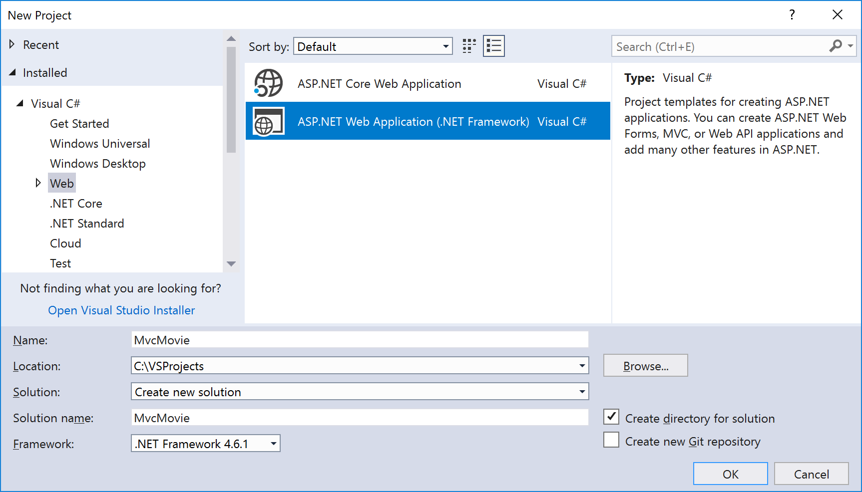 Captura de pantalla que muestra la ventana Nuevo proyecto. Se seleccionan Web y A S P dot NET Web Application dot NET Framework.