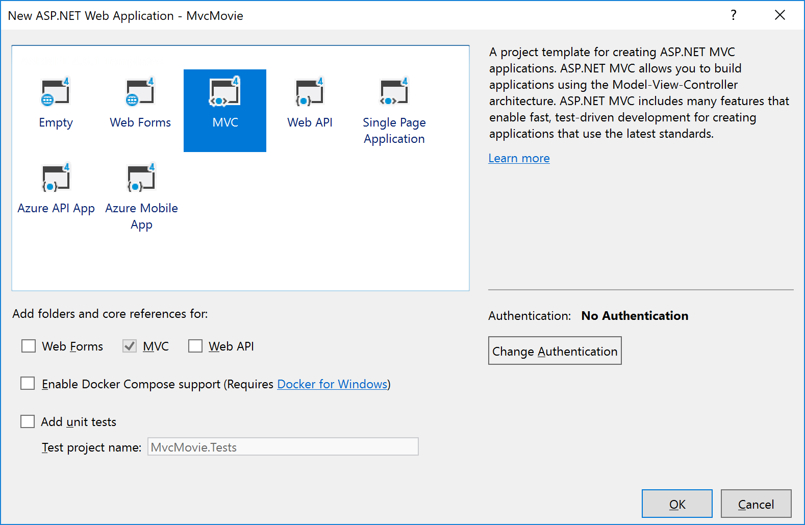 Captura de pantalla que muestra el cuadro de diálogo Nueva aplicación web ASP.NET. MVC está seleccionado.