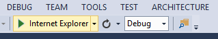 Captura de pantalla de Visual Studio, con el icono de flecha resaltado en la barra de herramientas para ilustrar el proceso de depuración de aplicaciones.