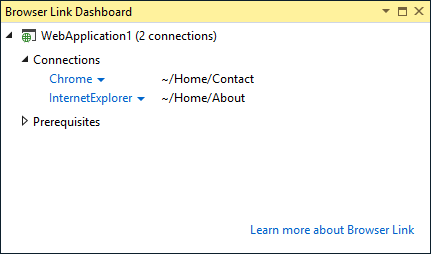 Captura de pantalla del Panel de Browser Link, con navegadores conectados y la URL a la que ha navegado cada navegador.