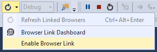Captura de pantalla de Visual Studio, con Habilitar Browser Link mostrado y desactivado en el menú desplegable Browser Link.