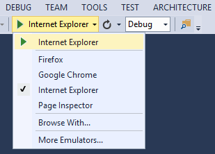 Captura de pantalla de Visual Studio, con el icono de flecha resaltado en la barra de herramientas y el menú desplegable que muestra la lista del explorador.