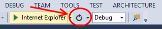Captura de pantalla de Visual Studio, con el botón Actualizar resaltado en rojo. El botón Actualizar es una flecha circular.