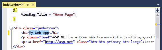 Captura de pantalla de Visual Studio, con un proyecto de A S P punto NET mostrado y con el encabezado H 1 resaltado.