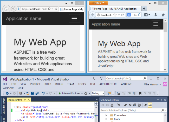 Captura de pantalla de un proyecto de ASP.NET, con los cambios que aparecen en las ventanas del navegador mostradas lado a lado, y el proyecto mostrado abajo en Visual Studio.
