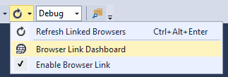 Captura de pantalla de Visual Studio, con el botón Actualizar resaltado y panel de vínculos del explorador resaltado en el menú desplegable.