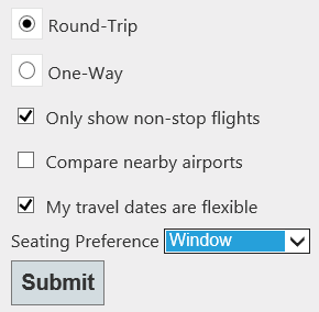 Captura de pantalla del formulario HTML con el círculo de Ida y vuelta rellenado y las casillas Sólo mostrar vuelos sin parada y Mis fechas de viaje son flexibles están marcadas.