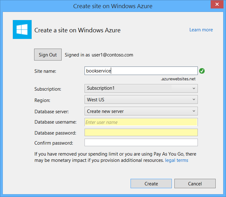 Captura de pantalla del cuadro de diálogo Crear sitio en Windows Azure con los campos Nombre de usuario de base de datos y Contraseña de base de datos resaltados en amarillo.