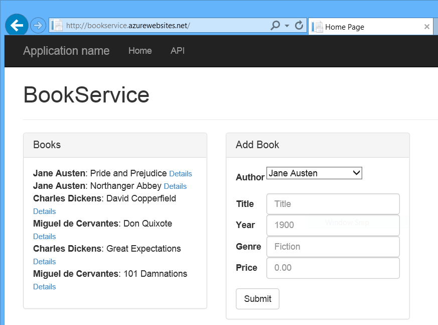 Captura de pantalla de la ventana del explorador que muestra el sitio web de Book Service recién implementado y una lista de libros y autores con vínculos a detalles.