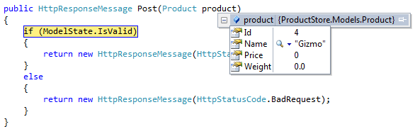 Captura de pantalla del fragmento de código con las opciones del menú desplegable de 'ProductStore.Models.Product'.