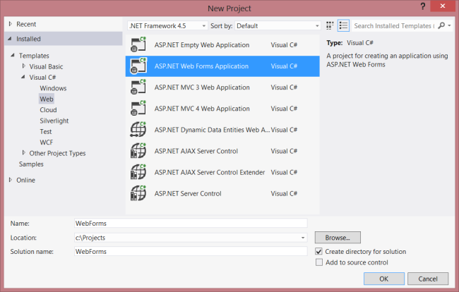 Captura de pantalla del panel nueva plantilla de proyecto, en la que se muestran las opciones de menú disponibles para crear el nuevo formulario de aplicación web A S P dot NET.