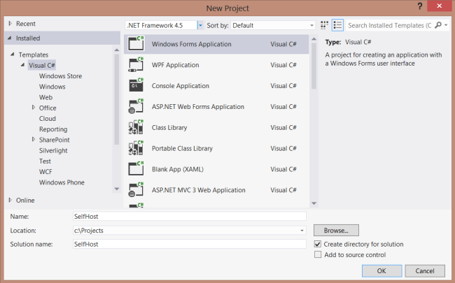 Captura de pantalla del cuadro de diálogo Nuevo proyecto que muestra el elemento Visual C# en la lista de carpetas y el elemento Aplicación de Windows Forms, que está resaltado en gris.