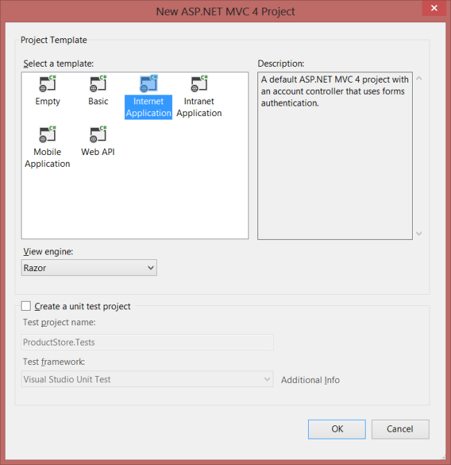 Captura de pantalla de la nueva pantalla del proyecto A S P dot net M C 4 de Visual Studio. La plantilla Aplicación de Internet está resaltada.