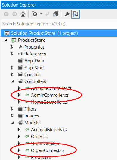 Captura de pantalla de la vista de proyecto del Explorador de soluciones. AdminController dot c s y OrdersContext dot c s están resaltados.