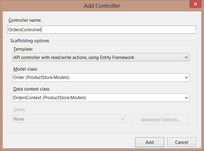 Captura de pantalla del cuadro de diálogo Agregar controlador. OrdersController se escribe en el cuadro de texto.