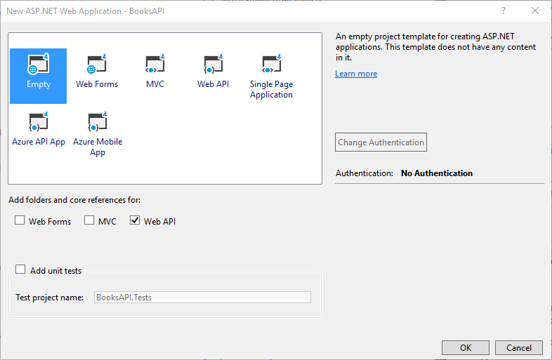 Imagen del cuadro de diálogo de una nueva aplicación web de ASP.NET