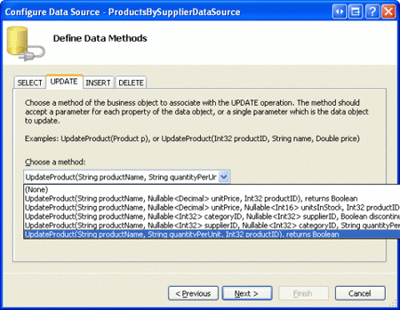 Configuración de ObjectDataSource para usar la sobrecarga UpdateProduct recién creada