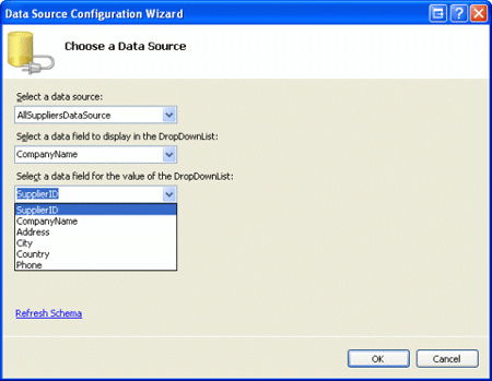 Configurar la lista desplegable Proveedores para usar los campos de datos CompanyName y SupplierID