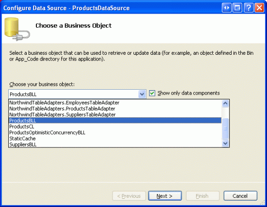 Configurar ObjectDataSource para usar la clase ProductsBLL