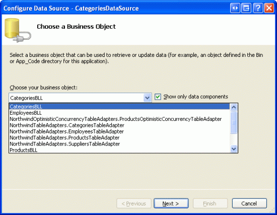 Configurar ObjectDataSource para usar la clase CategoriesBLL