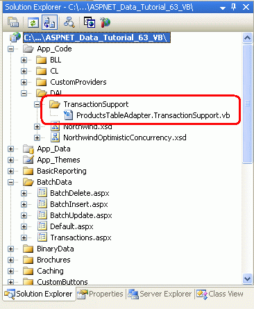 Agregar una carpeta denominada TransactionSupport y un archivo de clase denominado ProductsTableAdapter.TransactionSupport.vb