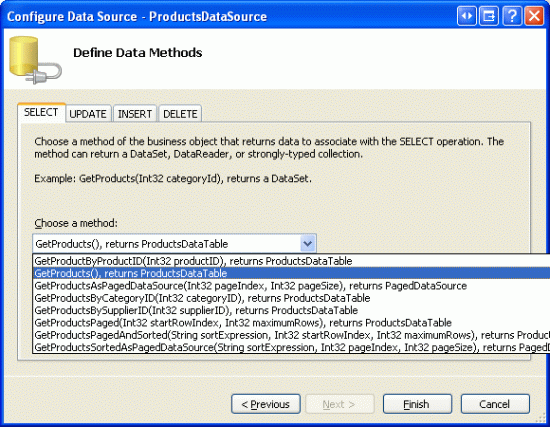 Configurar ObjectDataSource para usar el método GetProducts de la clase ProductsBLL