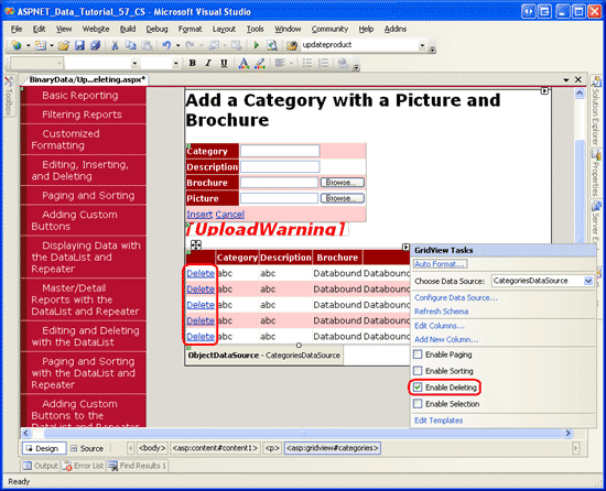 Habilitar la compatibilidad para eliminar en GridView